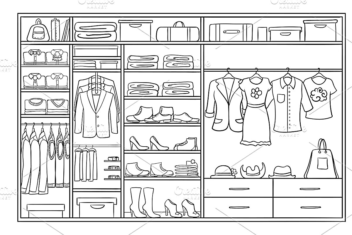 Раскраска Гардероб с платьями, рубашками, обувью, шляпами и сумками