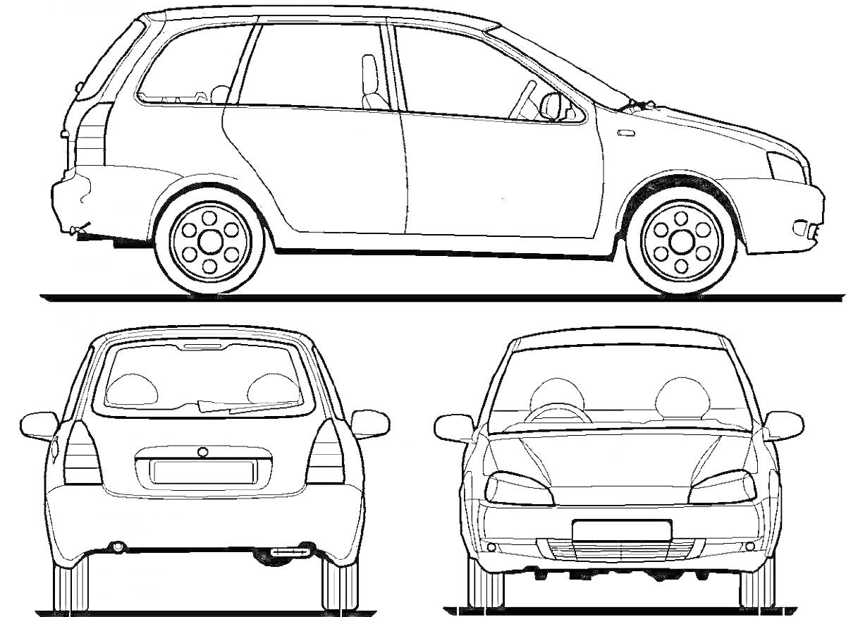 Раскраска Лада автомобиля с видом сбоку, сзади и спереди