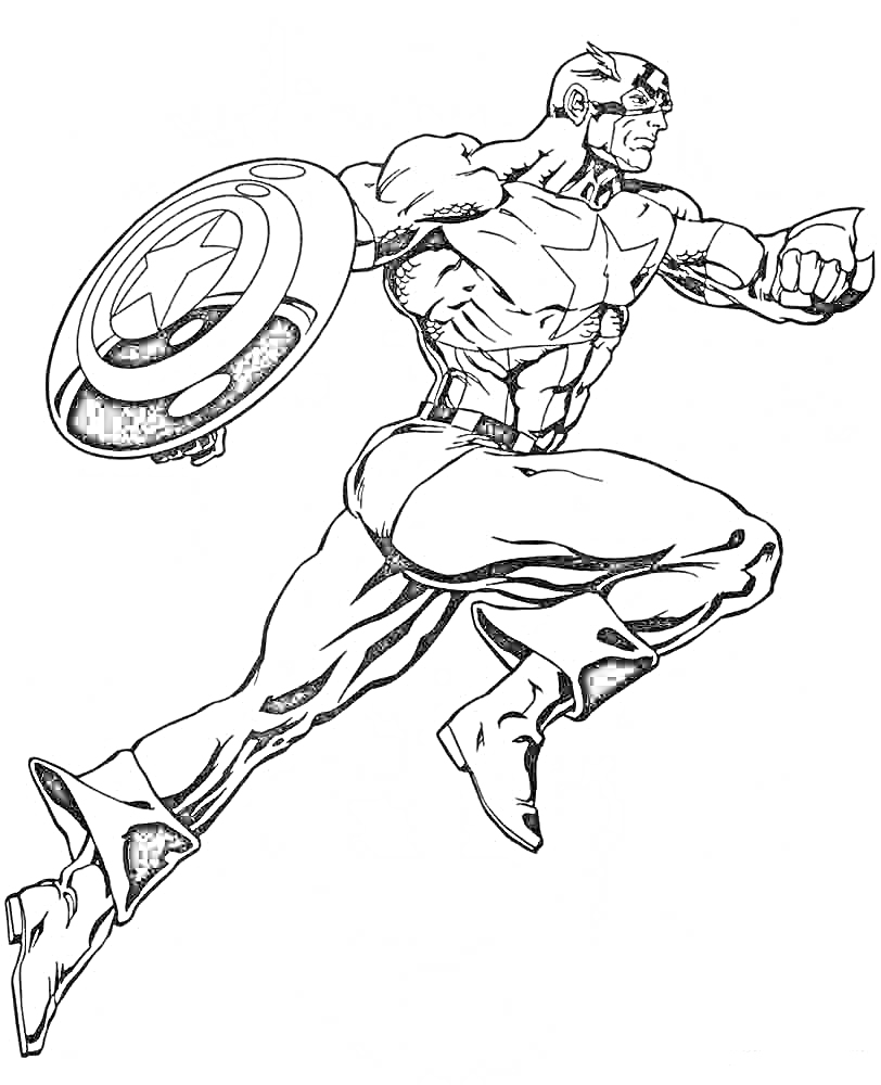 На раскраске изображено: Капитан америка, Щит, Первый Мститель, Звезды, Комиксы, Мышцы, Прыжки, Супергерои