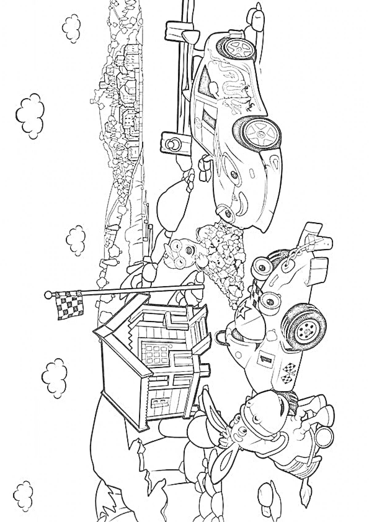 Раскраска гонка на треке с автомобилями, три автомобиля, финишный флаг, три персонажа, домик, горы и облака на заднем плане.