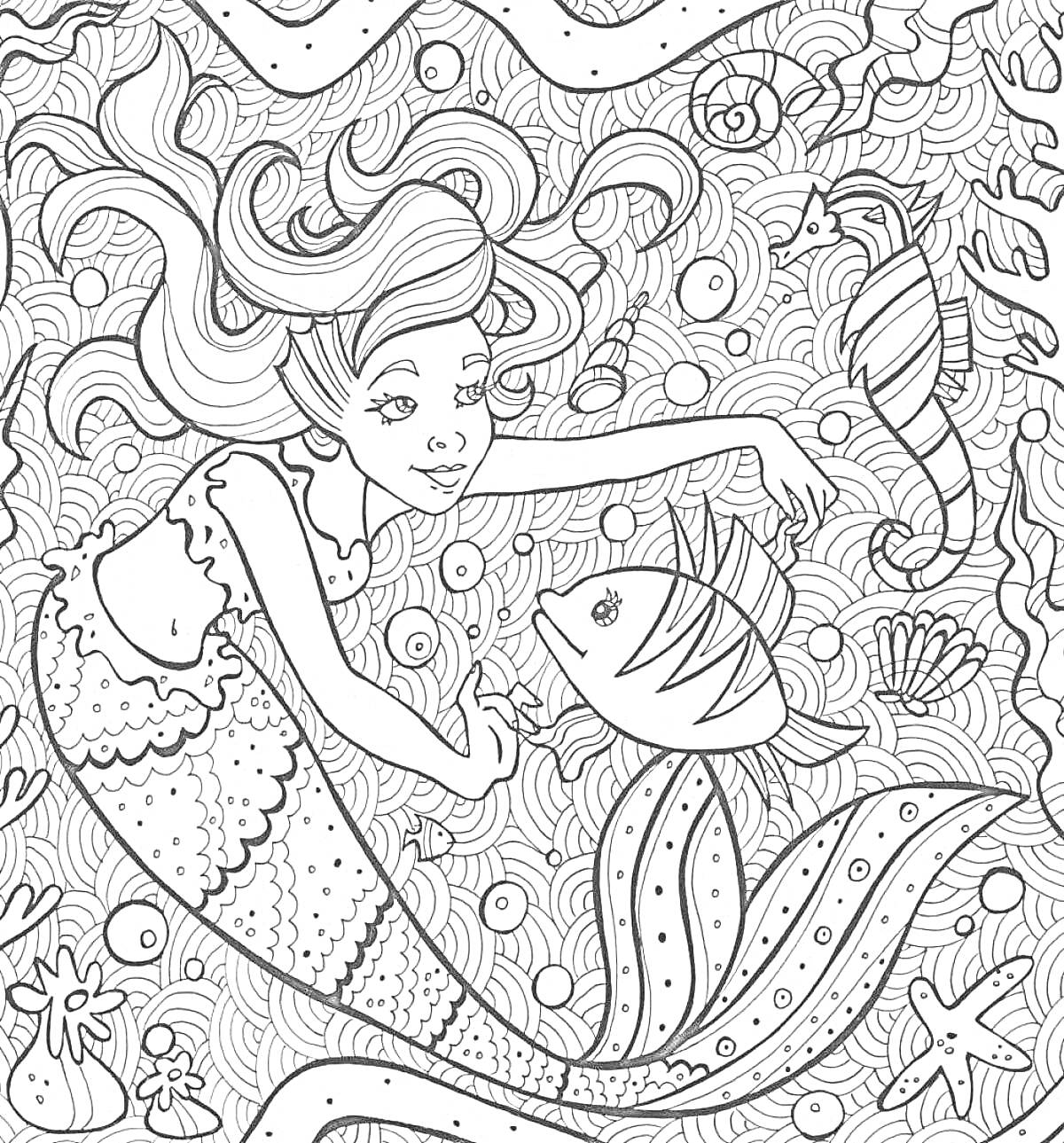 На раскраске изображено: Русалка, Рыба, Морской конек, Подводный мир, Подводные растения, Подводная жизнь, Ракушка, Океаны