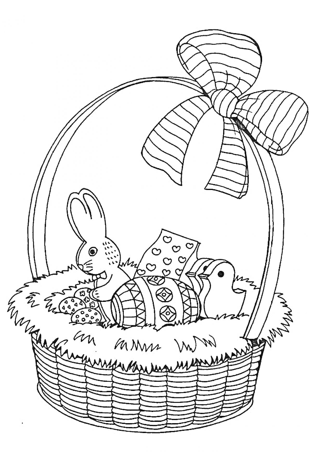 На раскраске изображено: Корзинка, Кролик, Цыплёнок, Бантик, Пасха, Праздники, Для детей, Яйца