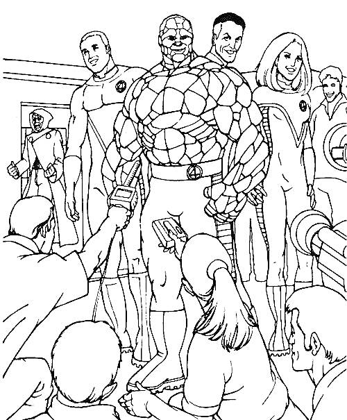 Раскраска Пресса интервьюирует Фантастическую четвёрку, группа супергероев в костюмах с логотипом, включая существо с каменной кожей, на фоне человек в роботе