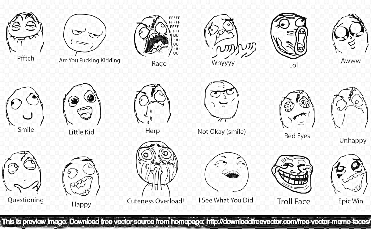 Раскраска Двадцать черно-белых лиц, изображающих различные интернет-мемы с разными выражениями эмоций