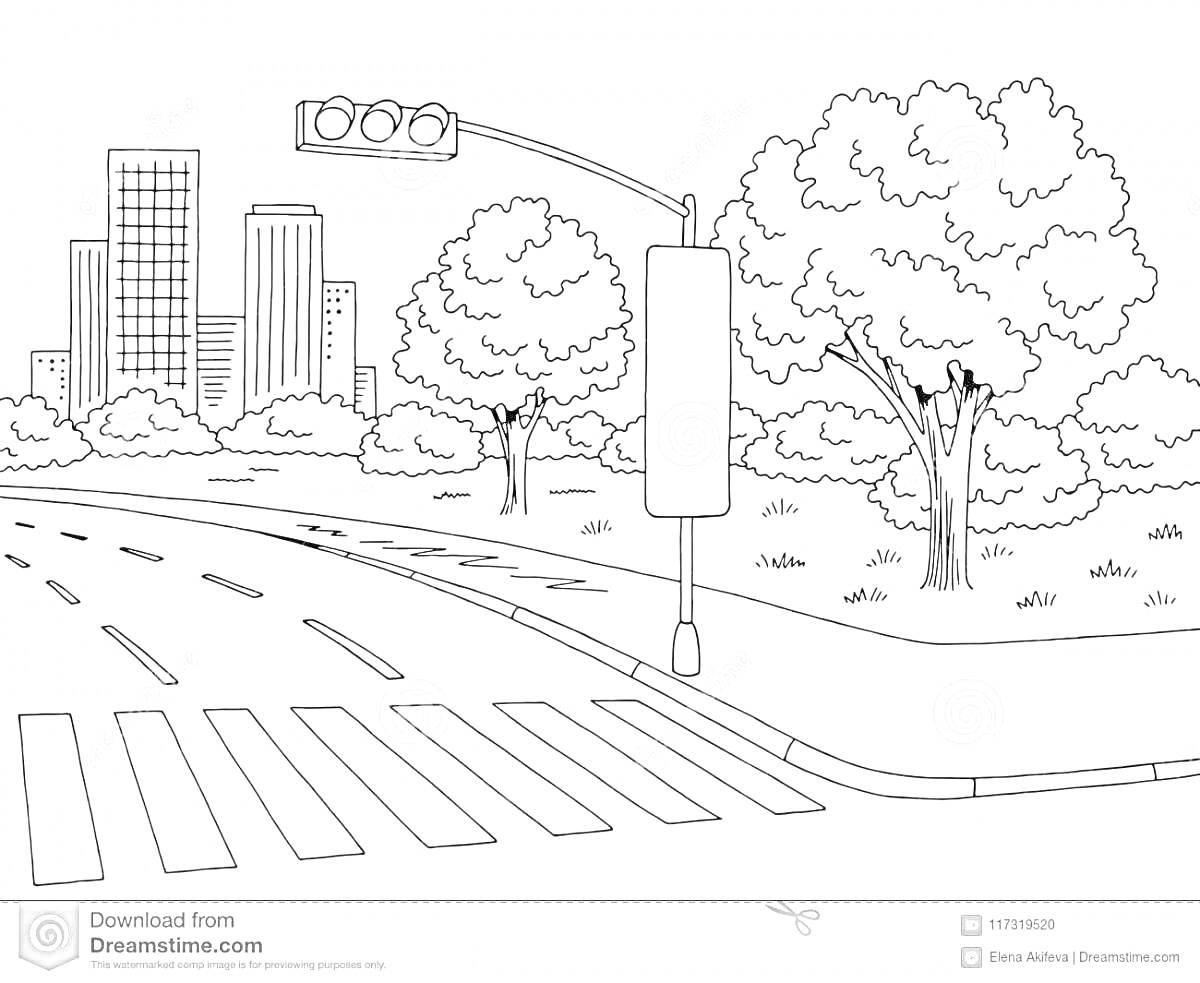 Раскраска Пешеходный переход, светофор, высотные здания и деревья в городе