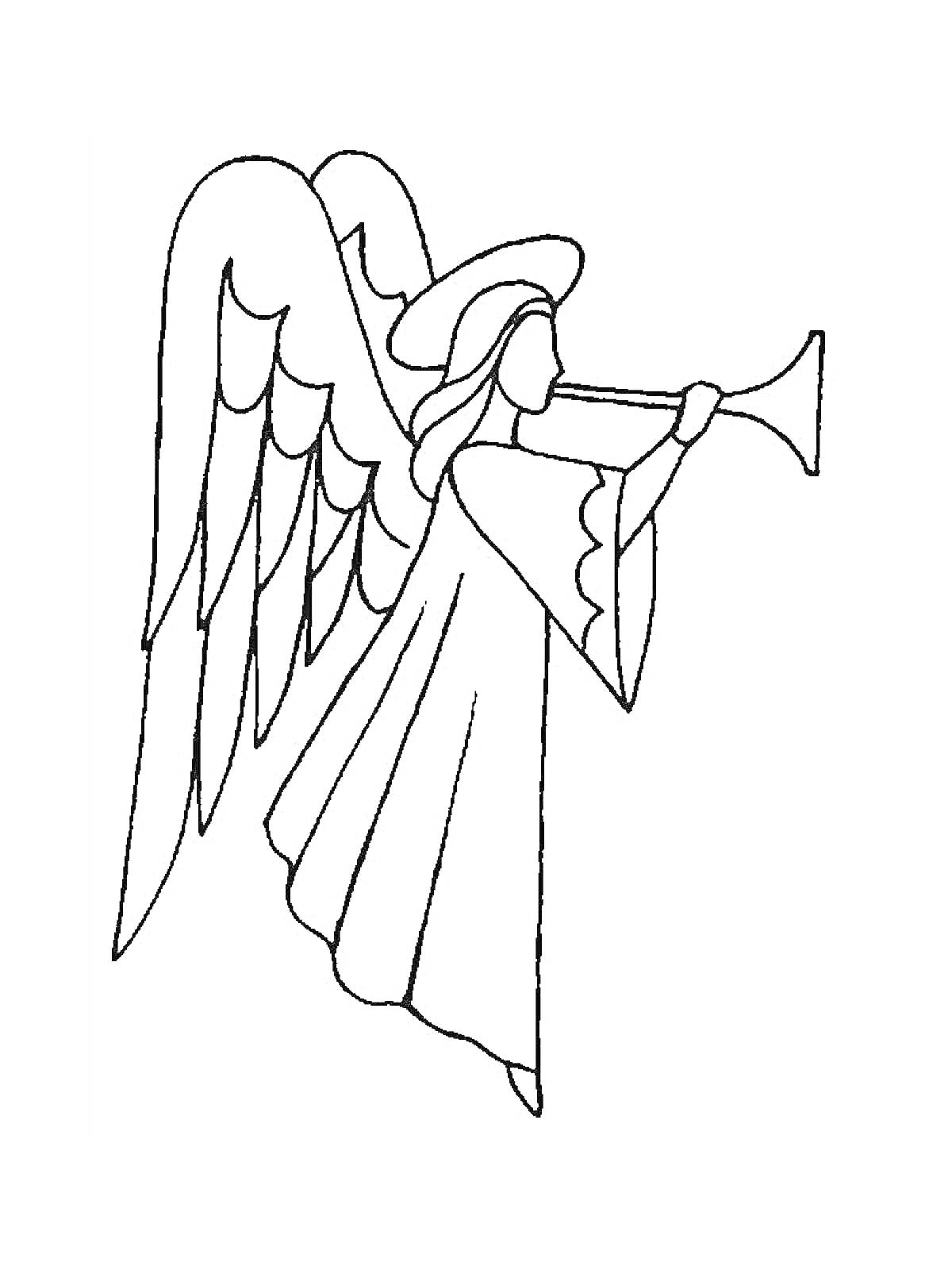 На раскраске изображено: Ангел, Труба, Крылья, Одежда, Нимб, Небесное существо, Контурные рисунки