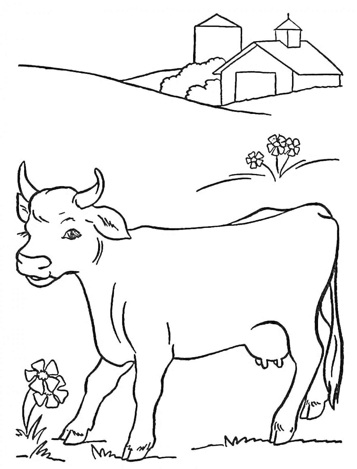 На раскраске изображено: Корова, Луг, Цветы, Ферма, Для детей, Природа, Животные, Сельская местность, Дом, Здания