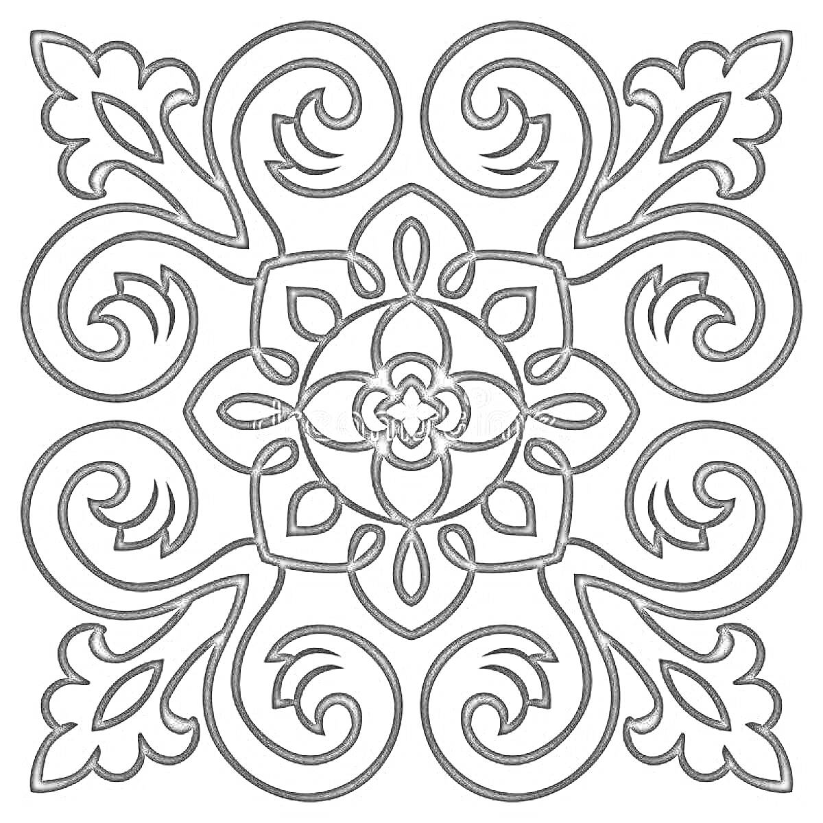 Раскраска Симметричный цветочный татарский орнамент с центральной цветочной розеткой, лепестками и завитками