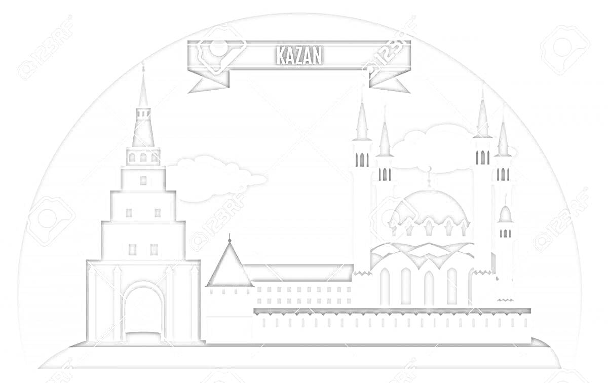 На раскраске изображено: Казанский кремль, Архитектура, Достопримечательности, Татарстан, Россия, Крепость, Историческое место, Облака