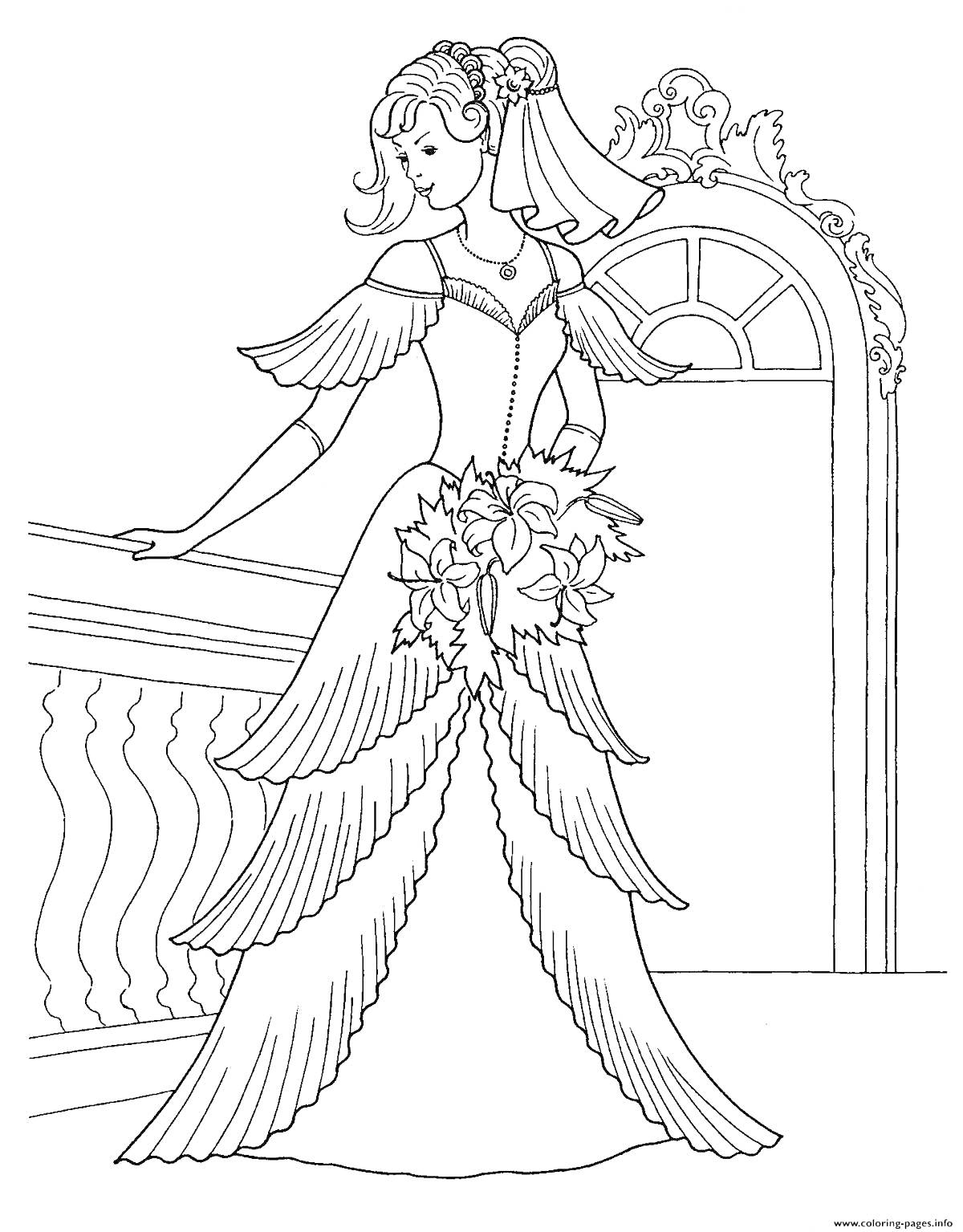 Раскраска Принцесса в красивом платье с букетом цветов у окна и колонны