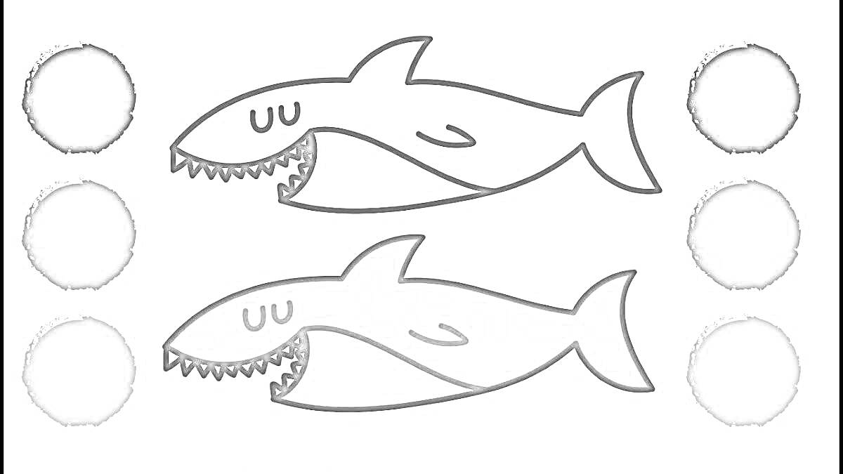 Раскраска Раскраска для детей - два акуленка, рядом представлена палитра из шести оттенков серого