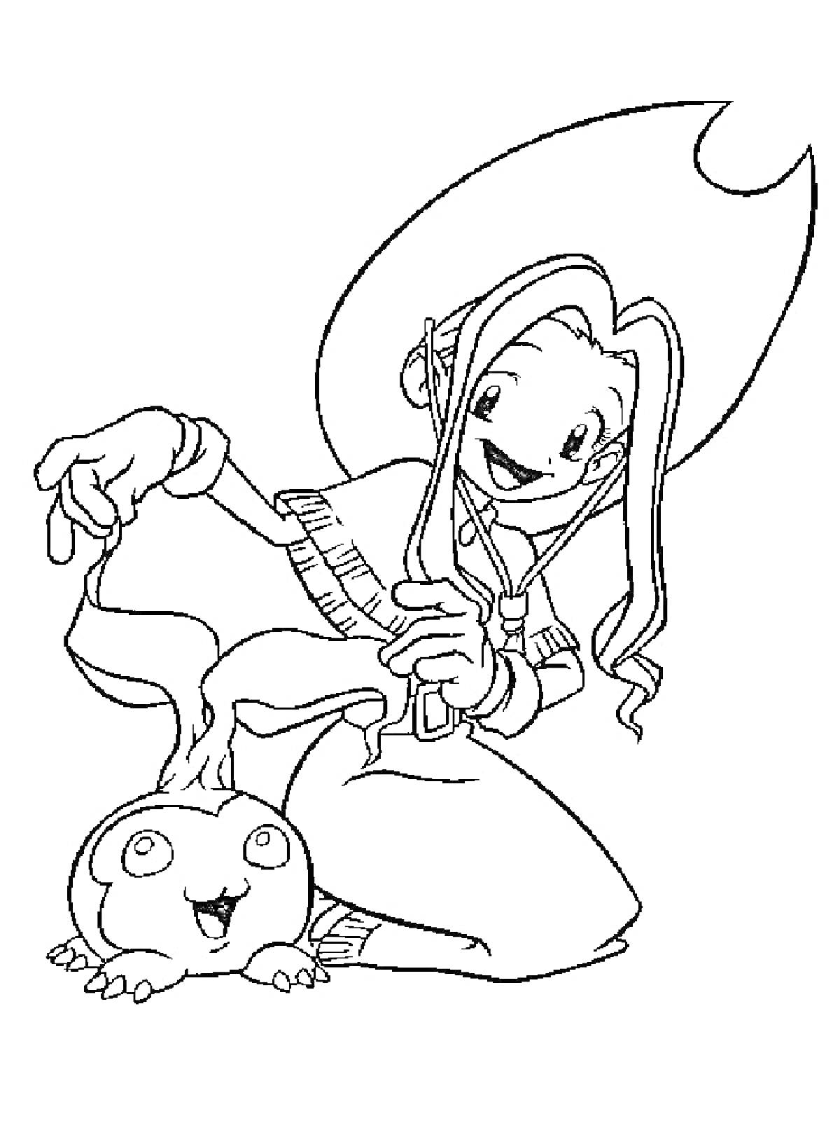 Раскраска Девушка с длинными волосами, причесывающая дигимона в форме круглого питомца