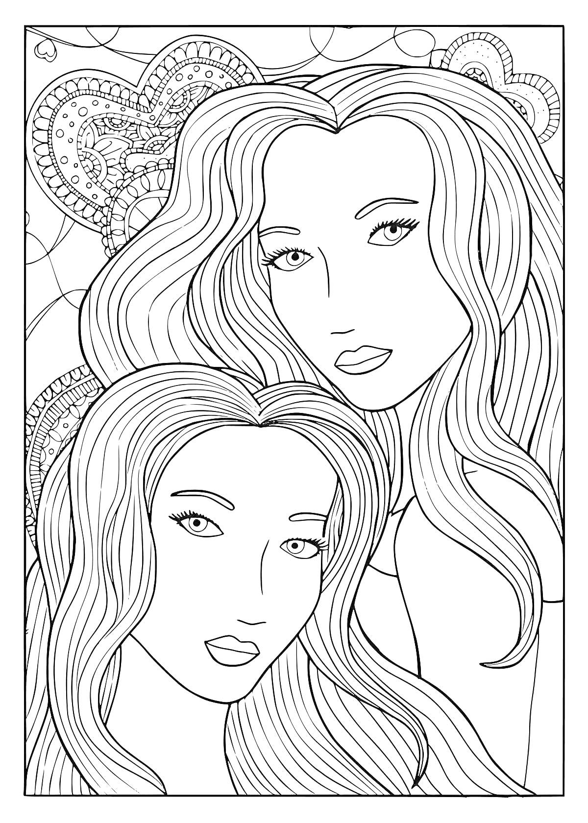 Раскраска Две девушки с длинными волосами на фоне узорчатых сердец