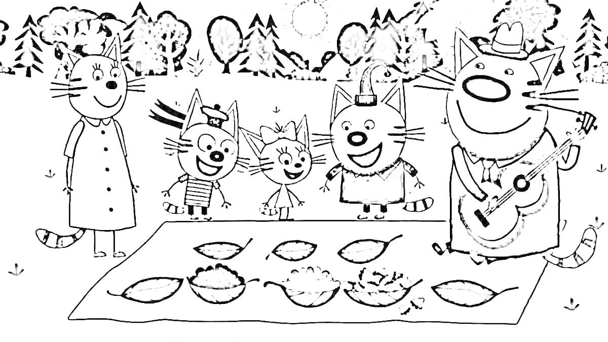 На раскраске изображено: Семья, Пикник, Лес, Природа, Одеяло, Листья, Гитара, Мультипликация, Дружба, Кот