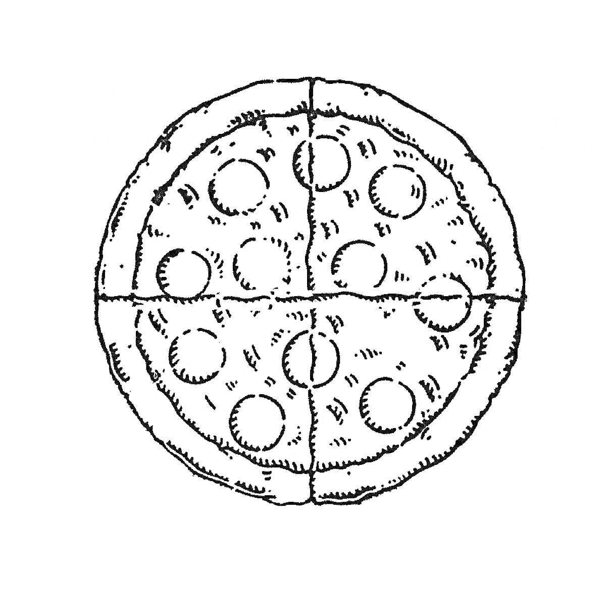 Раскраска Раскраска пиццы с пепперони, разделенной на четыре части