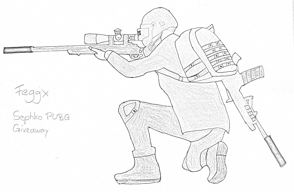 Раскраска Солдат в шлеме сидит на корточках с винтовкой и рюкзаком на спине