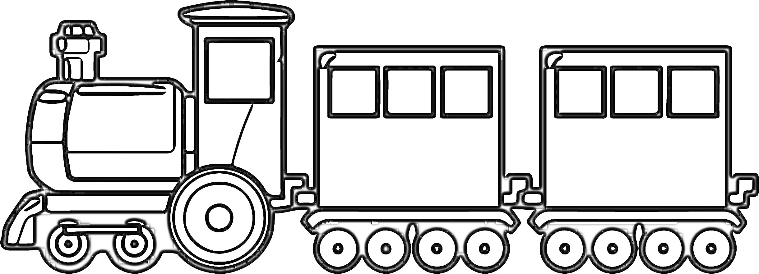 На раскраске изображено: Поезд, Паровоз, Вагоны, Окна, Транспорт