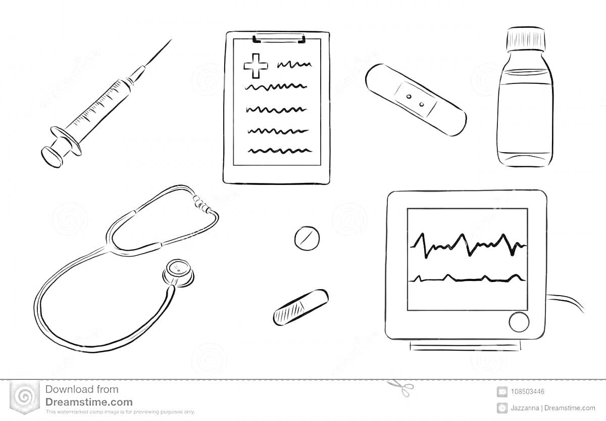 На раскраске изображено: Шприц, Стетоскоп, Таблетка, Градусник, Монитор, Лекарство, Медицина