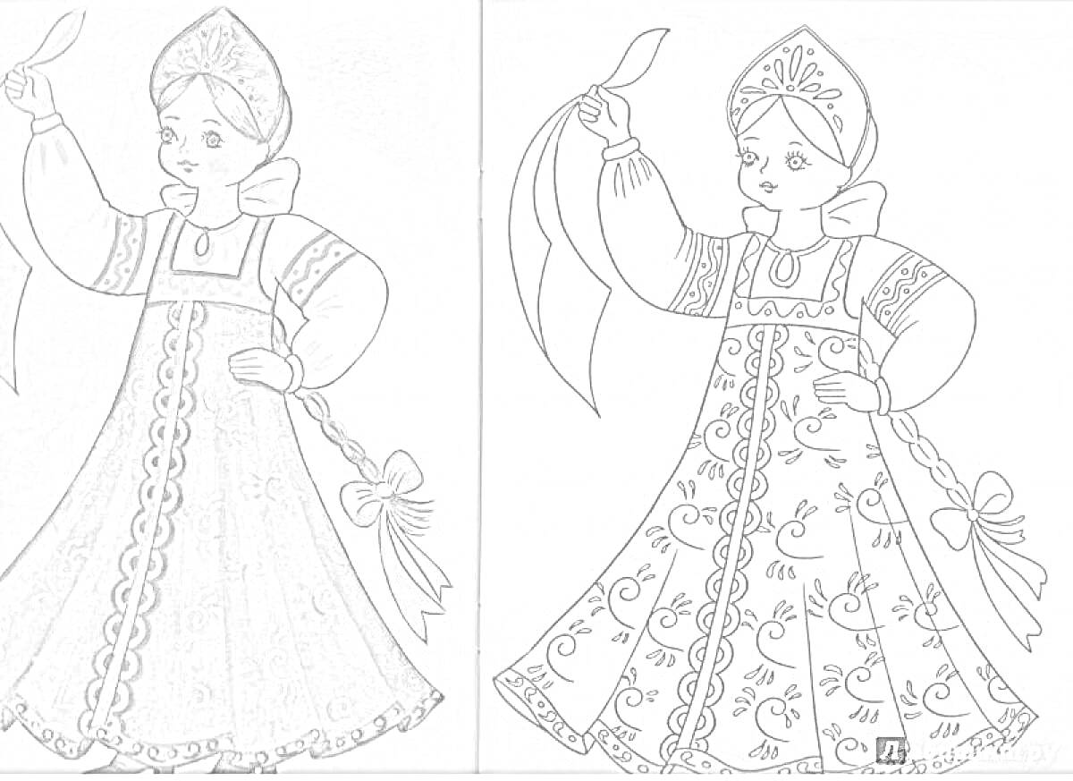 Раскраска Девушка в русском народном костюме: кокошник, повязка с бантом, зелёное длинное платье, длинный рукав с узорами, пояс с кисточками