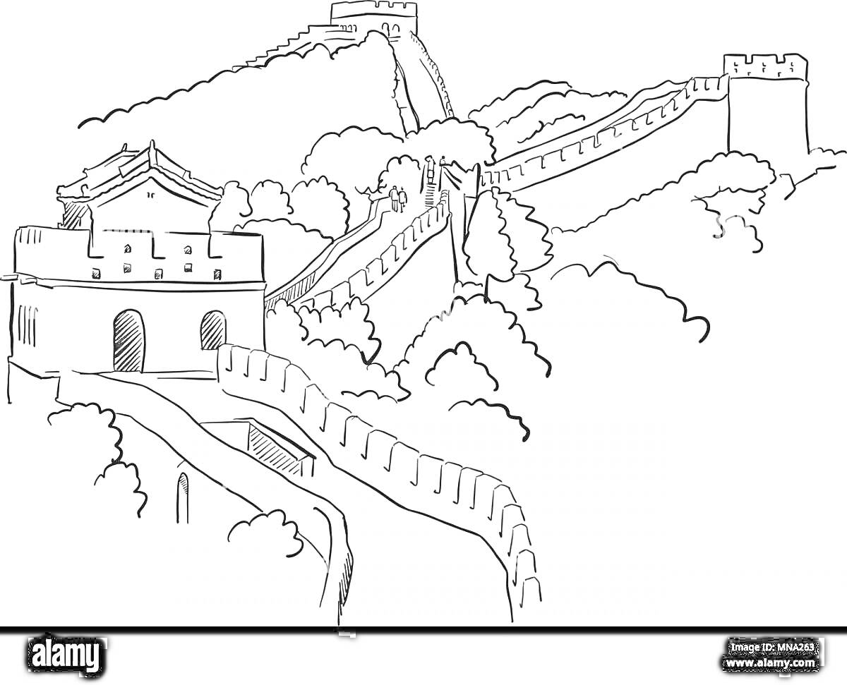 Раскраска Великая Китайская стена с башнями и стенами на холмах