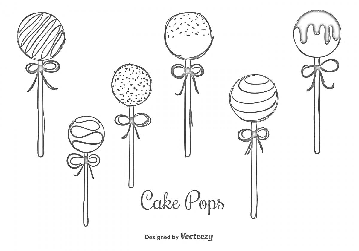 Раскраска Раскраска с логотипами чупа-чупсов, на изображении шесть различных вариантов чупа-чупсов на палочке, каждый имеет разные узоры и украшения, внизу написано 