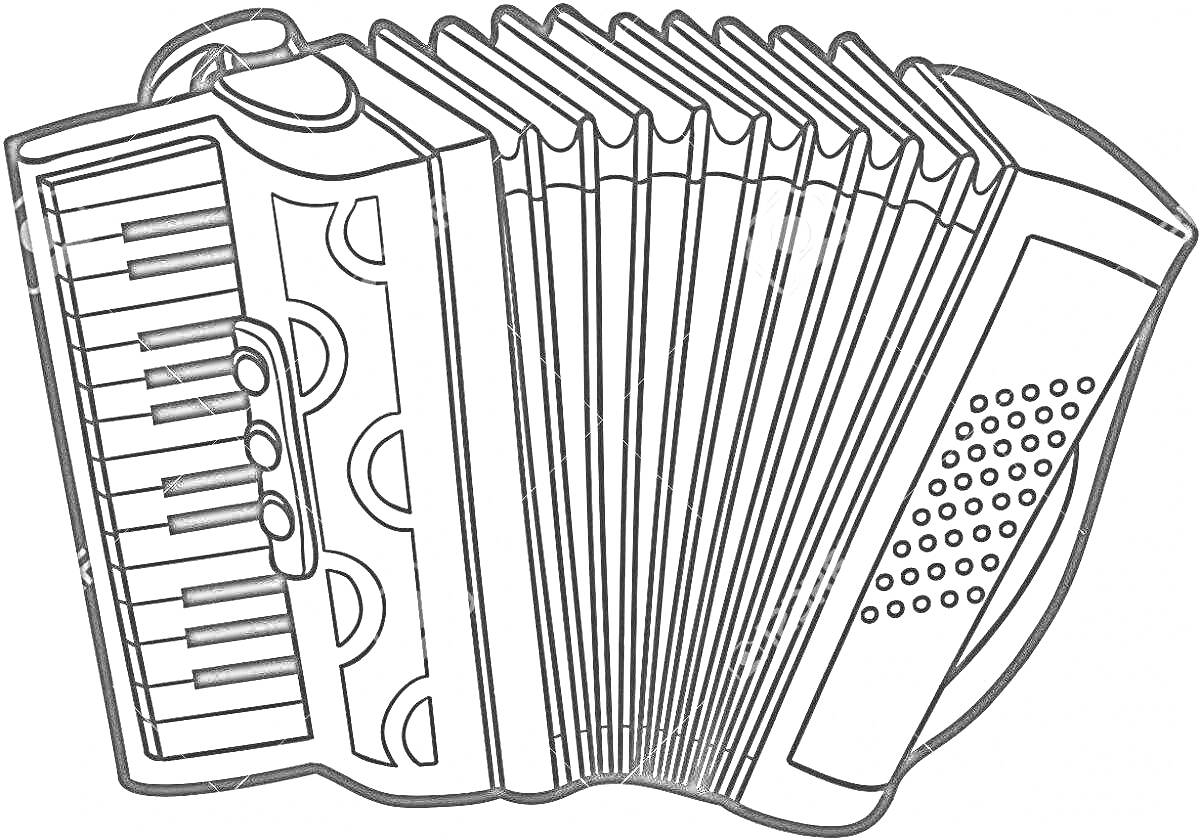 На раскраске изображено: Гармонь, Музыкальный инструмент, Клавиши, Кнопки, Музыка, Для детей