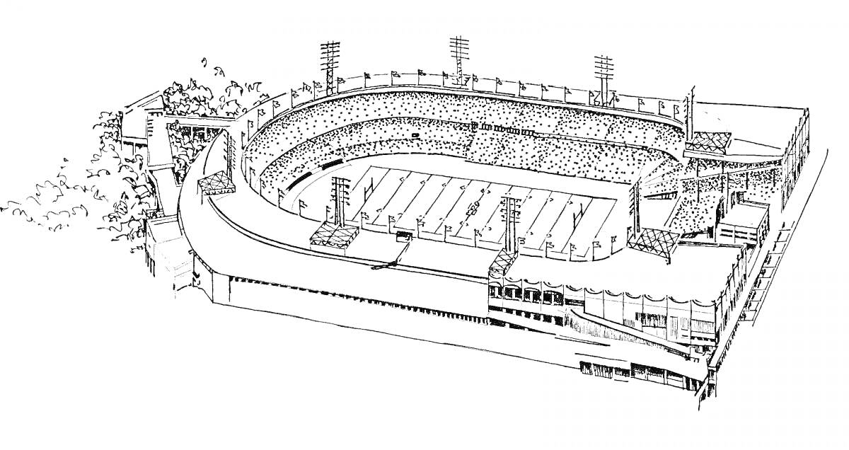Раскраска Стадион с трибунами, прожекторами, лестницами и деревьями