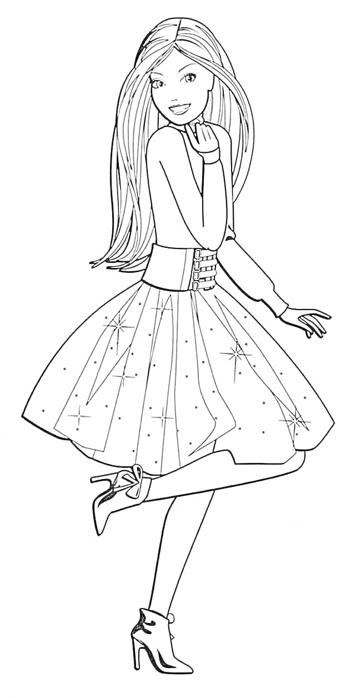 Раскраска Барби в бальном платье с длинными волосами и высокими каблуками