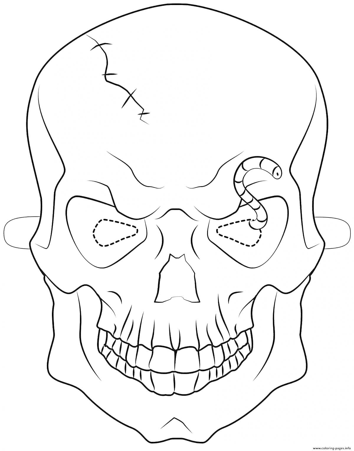 Раскраска Маска черепа с трещинами и червем из правого глазницы