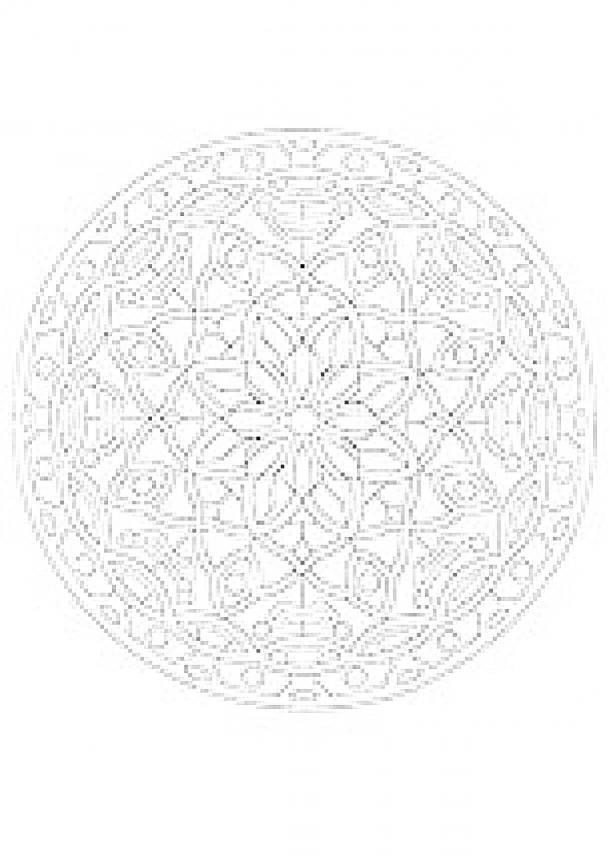 Раскраска мандала с центральным цветочным узором и геометрическими элементами в двух окружностях
