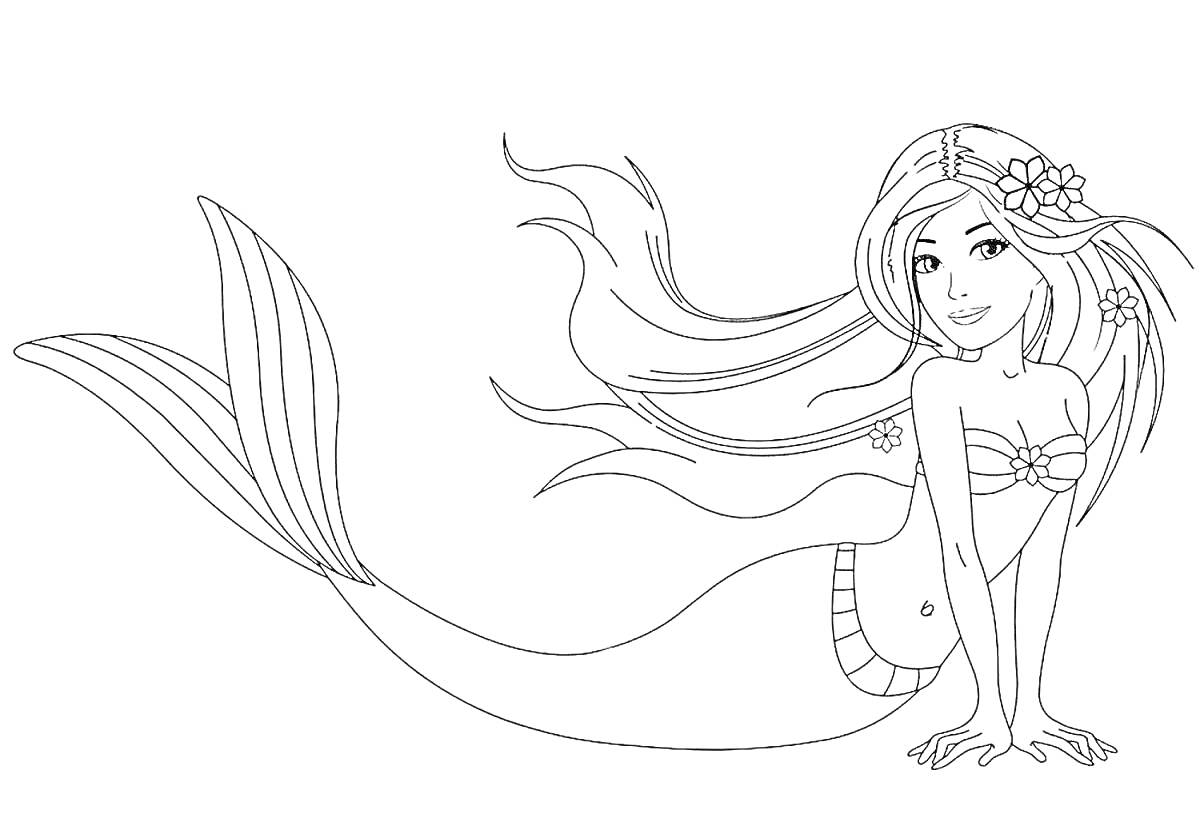 Раскраска Русалка с длинными волосами, цветами в волосах и рыбьим хвостом