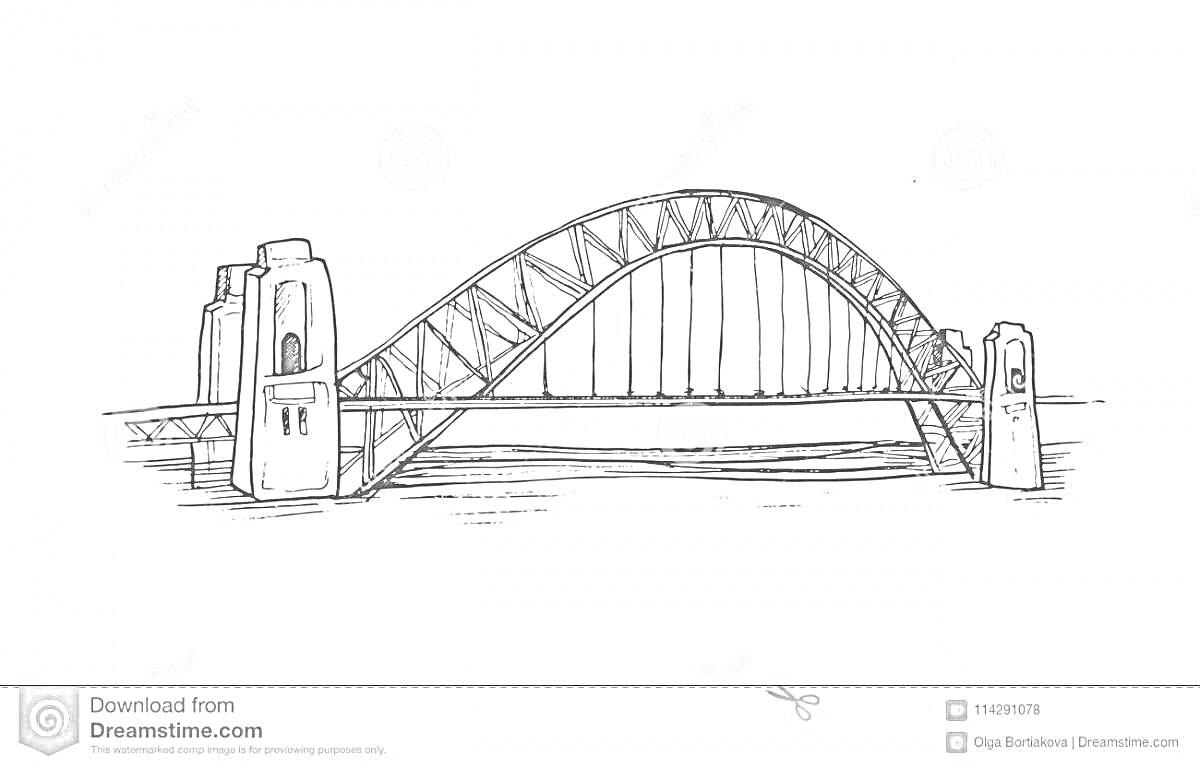 Раскраска Рисунок Крымского моста с аркой и опорами над водой