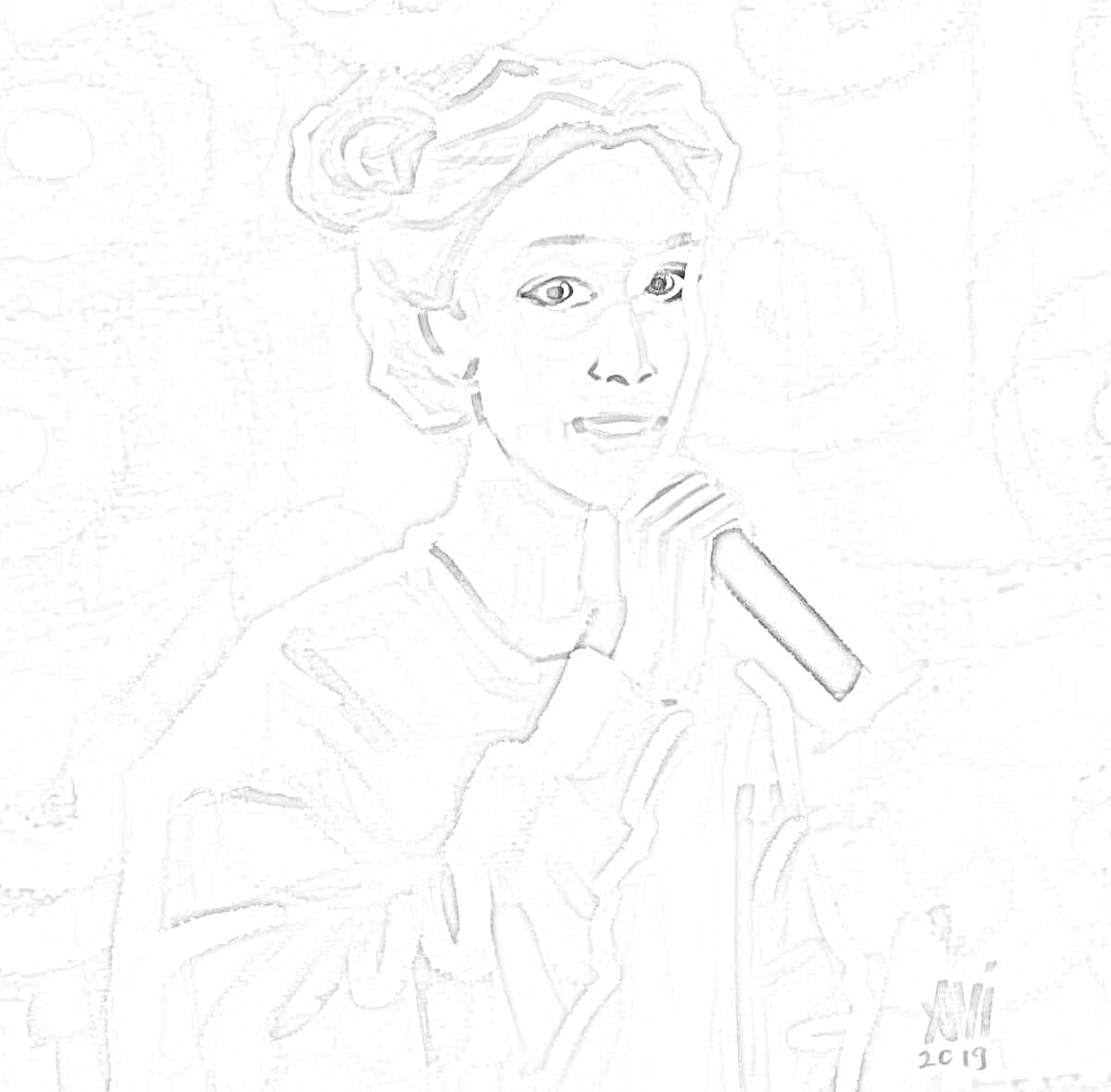 Раскраска Портрет девушки с микрофоном на абстрактном фоне