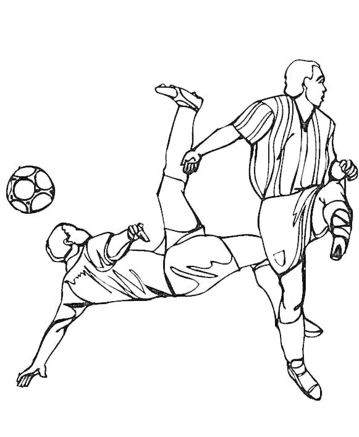 Два футболиста, один исполняет удар через себя, второй борется за мяч