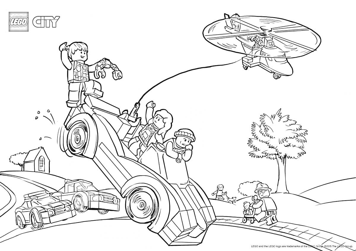 Раскраска Лего город: машинка с водителем, два полицейских, спасающих собаку, вертолет с верёвкой для спасения, дом на заднем плане, дерево, дорога