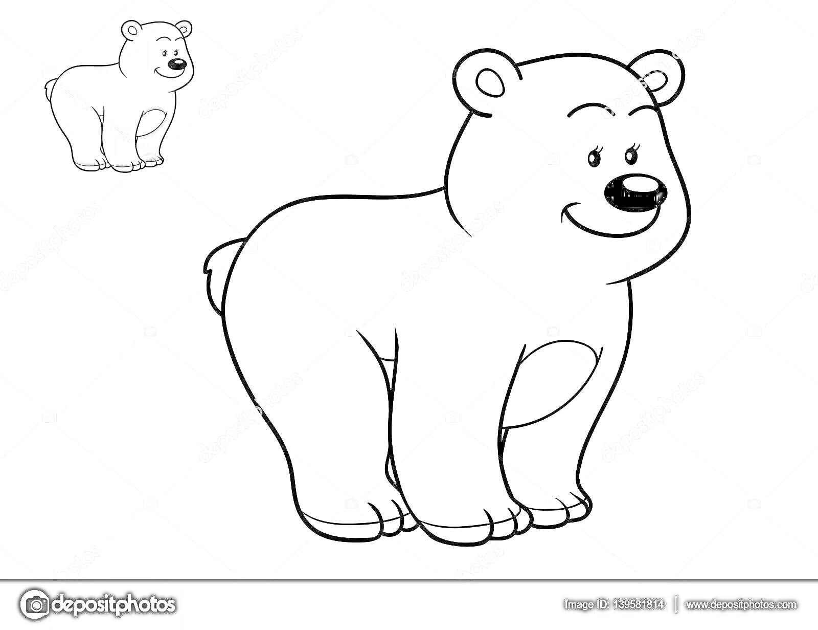 Раскраска Раскраска белого медведя с примером раскрашенного медведя в левом верхнем углу