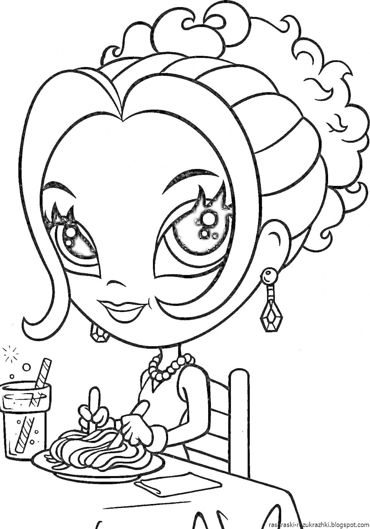 Раскраска Девочка с большими глазами, сидящая за столом, с тарелкой спагетти и стаканом