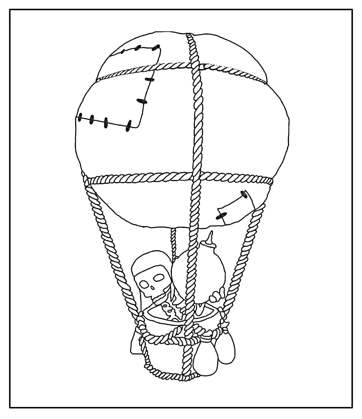 На раскраске изображено: Воздухоплавание, Персонаж, Игра, Аэростат, Корзина, Кости