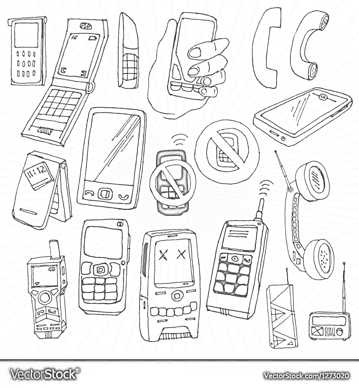На раскраске изображено: Кнопочный телефон, Раскладушка, Смартфон, Трубка, Рисованный, Связь