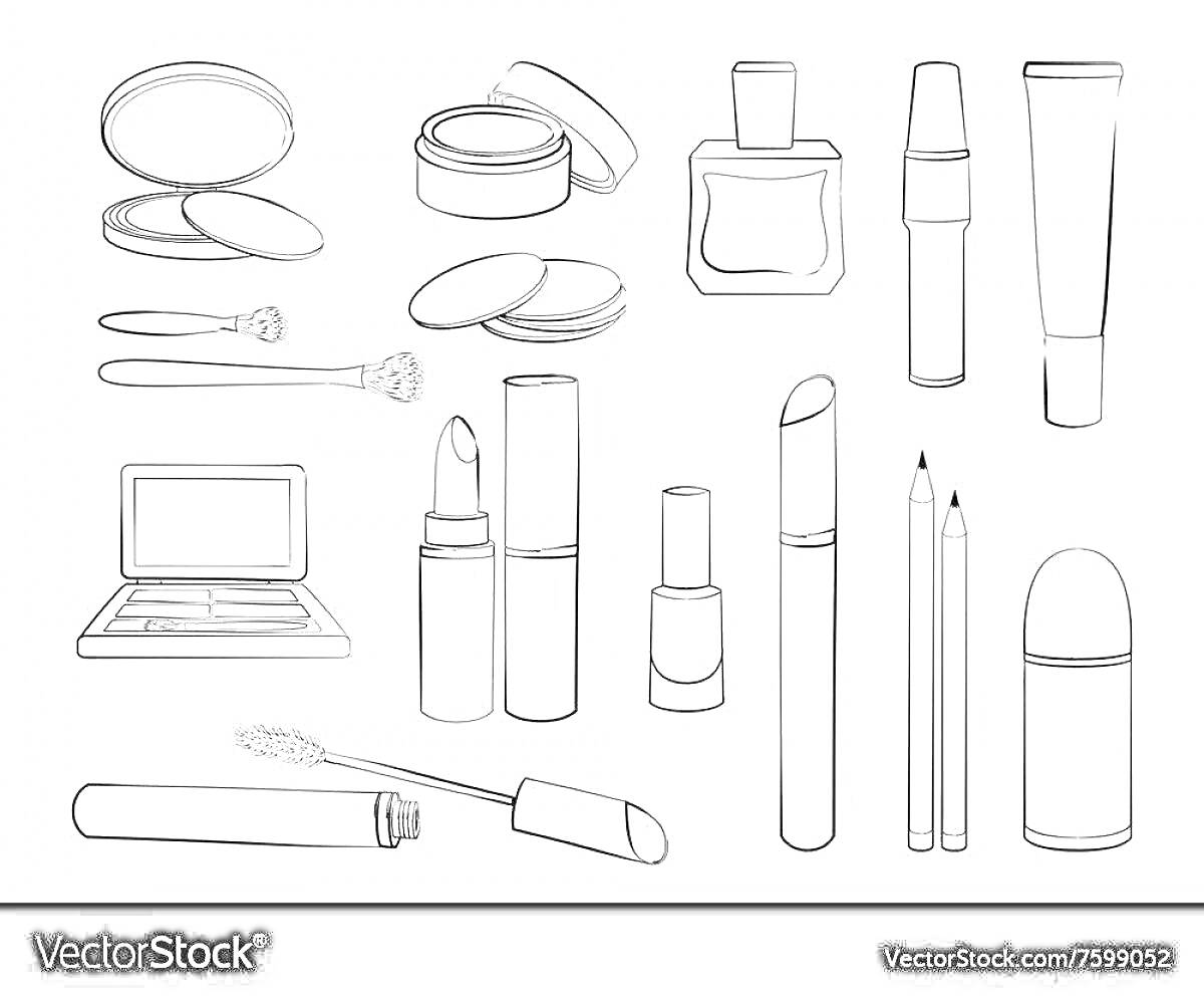 На раскраске изображено: Косметика, Пудреница, Крем, Духи, Кисти, Тюбик, Палетка теней, Помада, Лак для ногтей, Карандаш для глаз, Дезодорант, Уход за собой