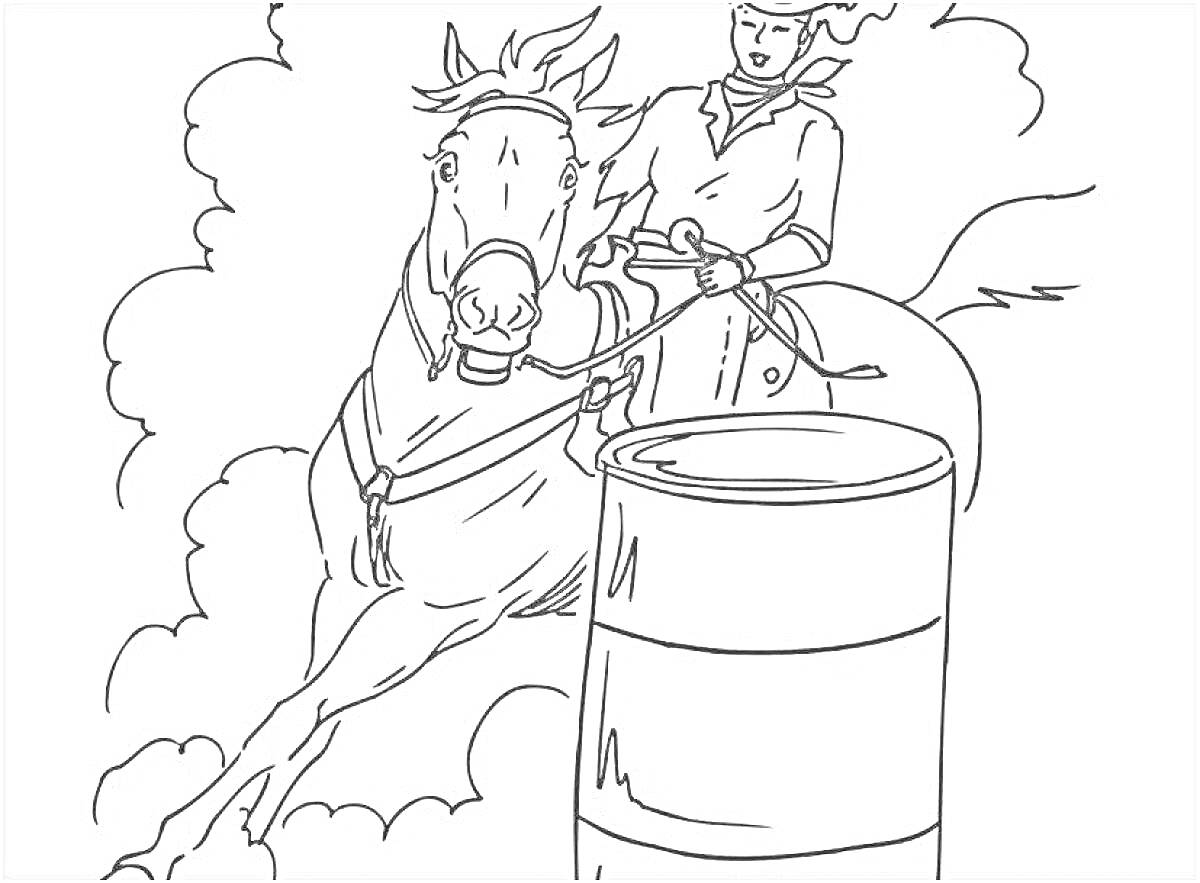 На раскраске изображено: Казак, Лошадь, Скачки, Бочка, Облака, Всадник, Конный спорт