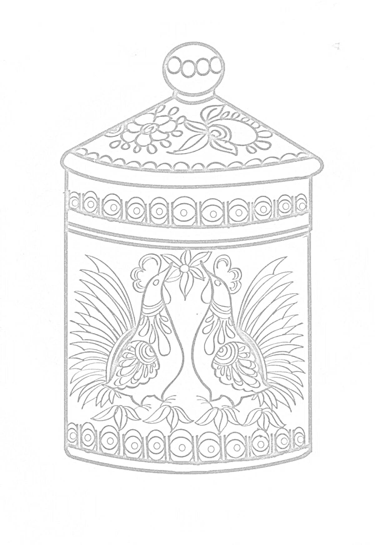 Раскраска Разделочная доска с городецкой росписью, изображающая два павлина, цветочные мотивы и геометрические узоры