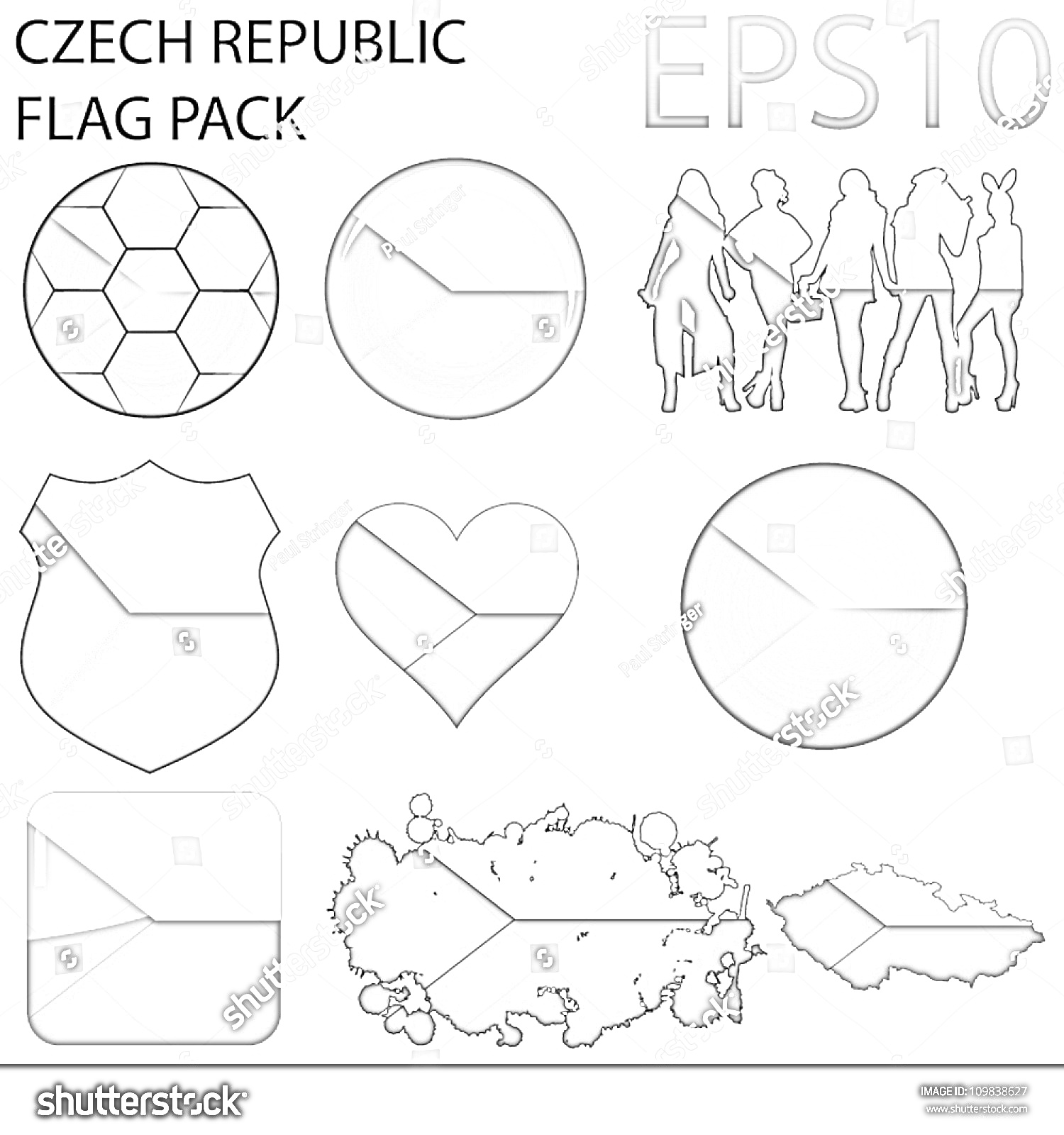 Раскраска Набор флагов Чехии, включающий формы мяча, круга, щита, сердца, силуэты людей, карту Чехии, квадратную и прямоугольную формы флага