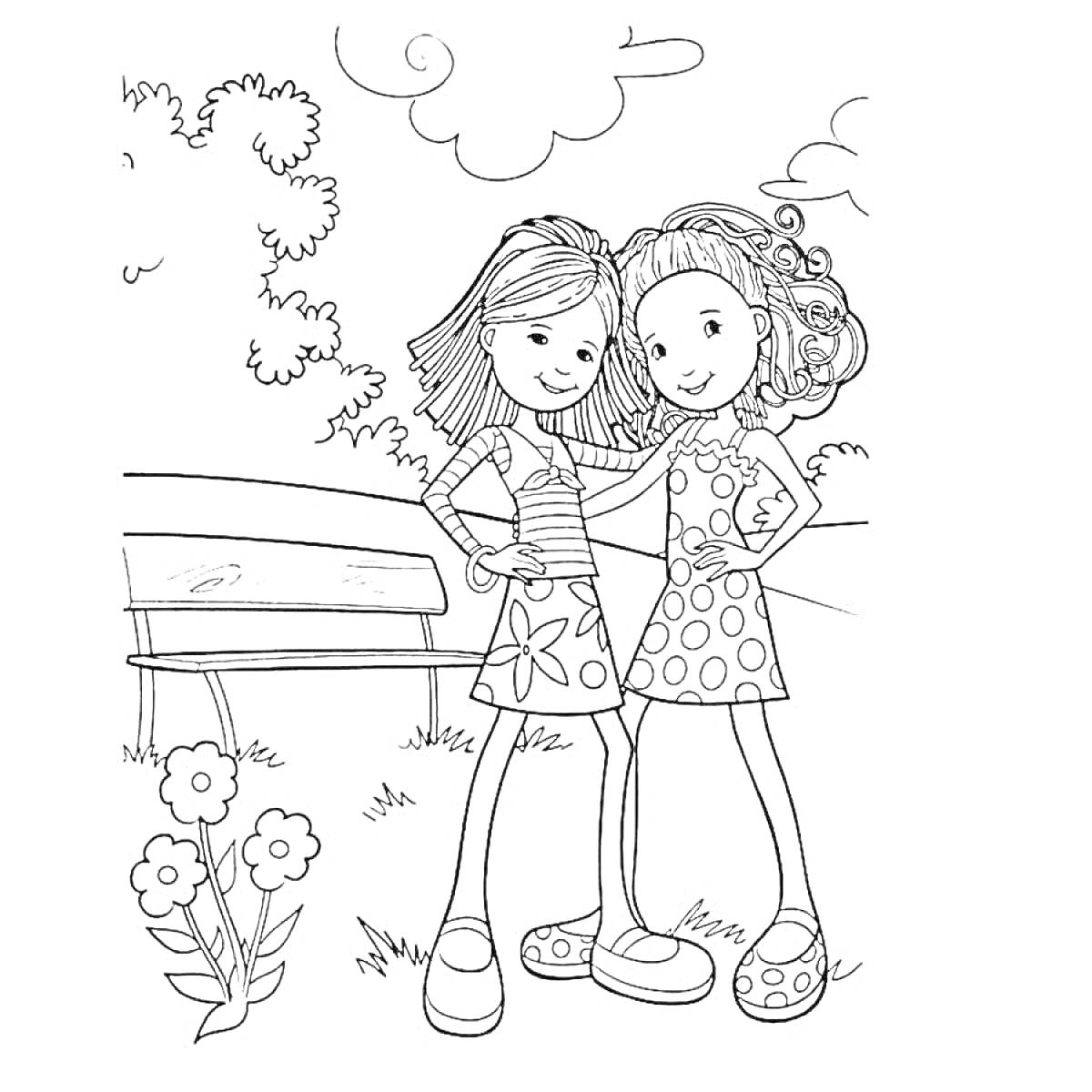 Раскраска Две подружки на скамейке в парке с цветами и деревьями