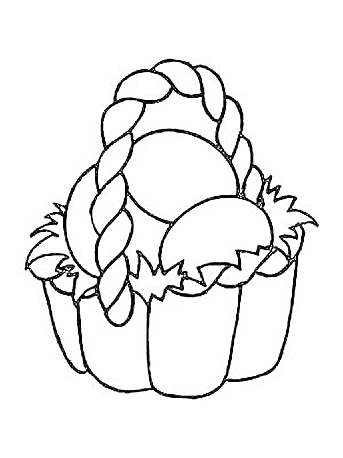 Раскраска Корзина для Пасхи с яйцами, ручкой и травой