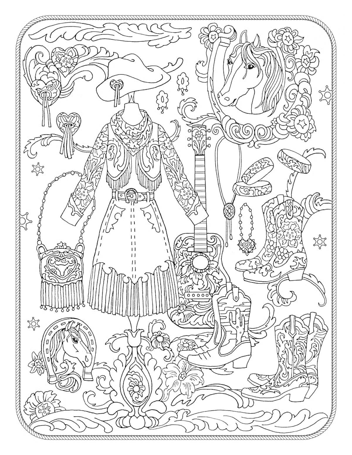 На раскраске изображено: Платье, Гитара, Шляпа, Сапоги, Пуговицы, Пояс, Декоративные элементы
