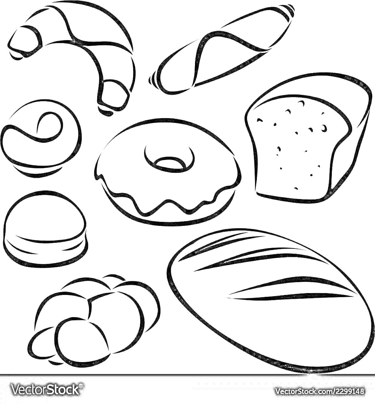 На раскраске изображено: Батон, Булочка, Пончик, Хлеб, Маффин, Выпечка, Буханка