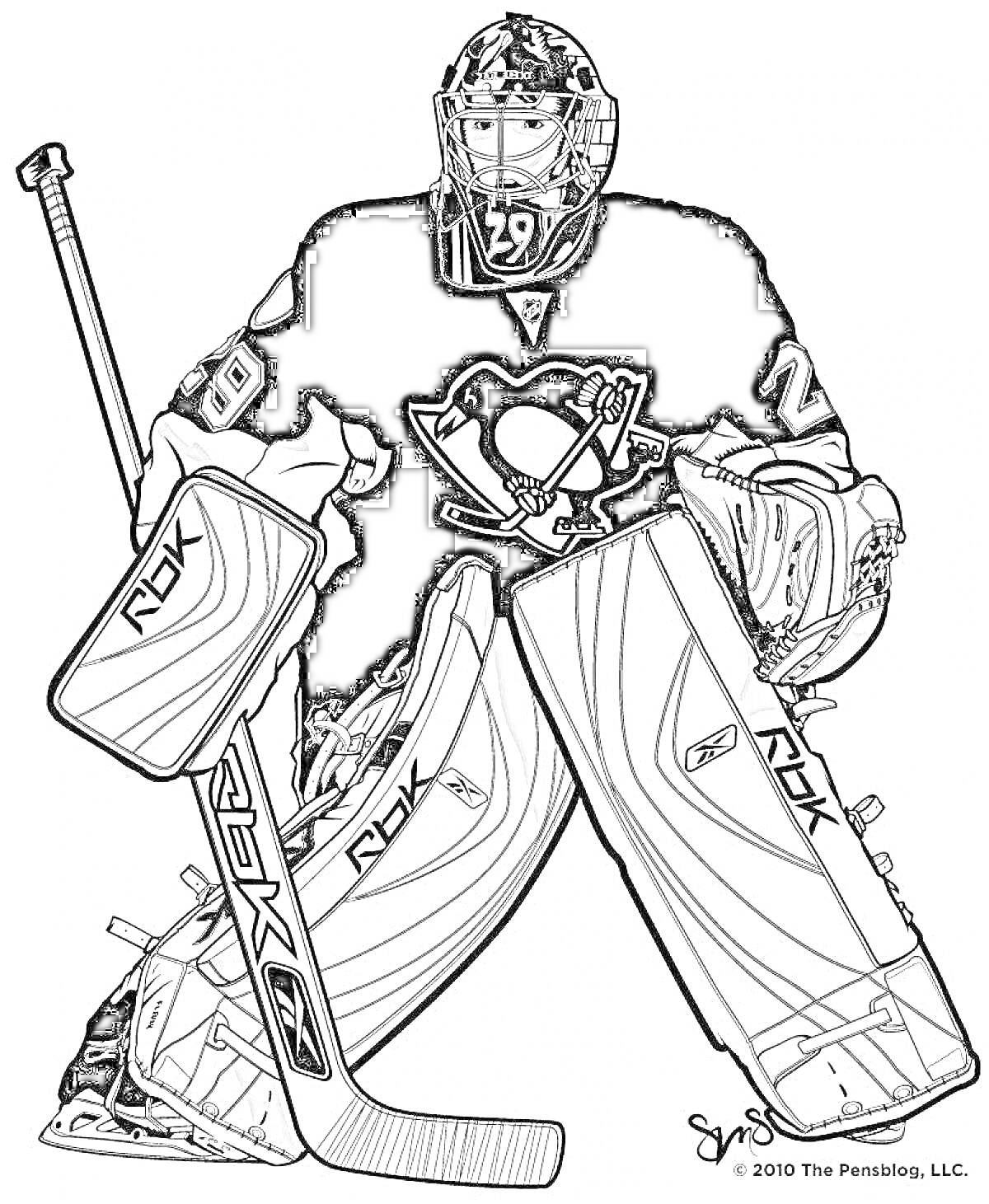 Раскраска Хоккейный вратарь в экипировке с клюшкой и логотипом пингвина на груди