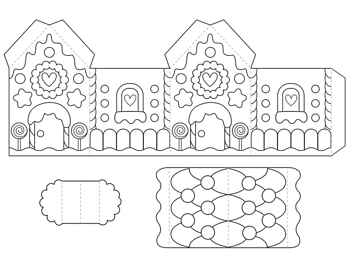 Раскраска Бумажный дом с двумя фасадами и украшениями, включая двери с сердцами, круглые окна, звезды и конфеты. Дополнительно два отдельных элемента — фасад здания с волнистым узором и прямоугольный элемент с закругленными концами.