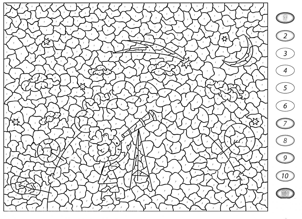 Раскраска Ребенок с телескопом под звездным небом